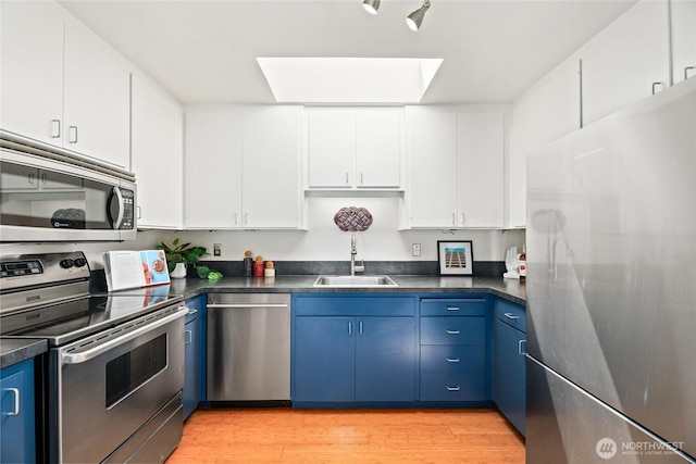 4618 3rd Ave NW, Seattle, WA 98107 - kitchen with appliances with stainless steel finishes, a sink, blue cabinetry, and dark countertops