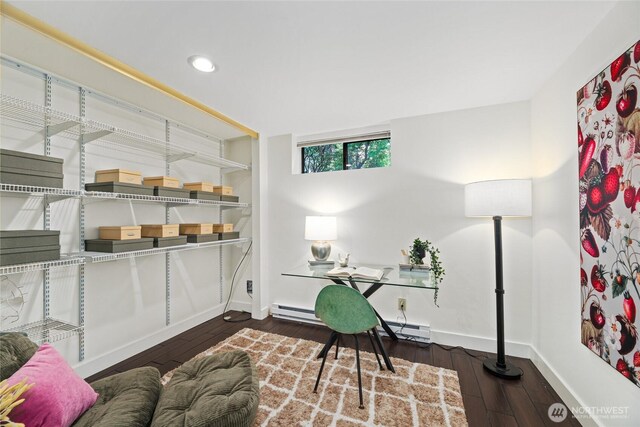 4618 3rd Ave NW, Seattle, WA 98107 - living area featuring hardwood / wood-style floors, baseboards, recessed lighting, and a baseboard heating unit