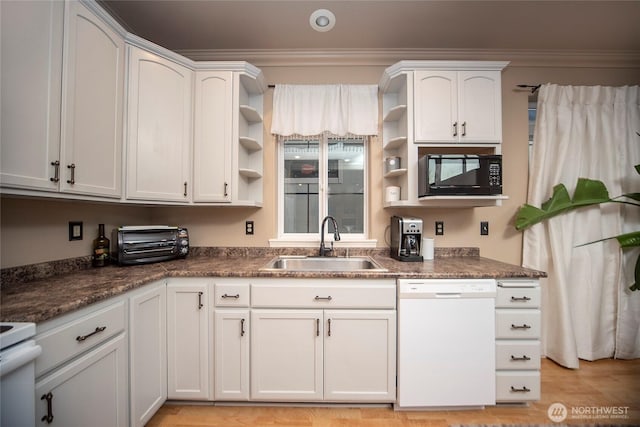 1071 S Section Pl, Quincy, WA 98848 - kitchen with dishwasher, open shelves, black microwave, dark countertops, and ornamental molding
