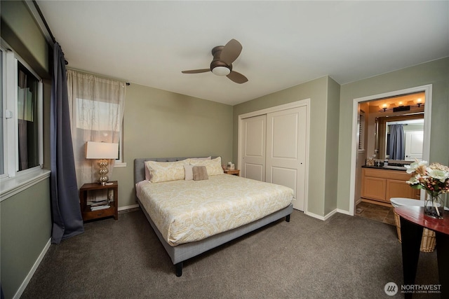 1071 S Section Pl, Quincy, WA 98848 - bedroom featuring dark colored carpet, a closet, ceiling fan, and ensuite bathroom