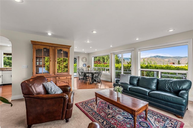 1108 Dale St SE, East Wenatchee, WA 98802 - living area with arched walkways, recessed lighting, light colored carpet, and a mountain view