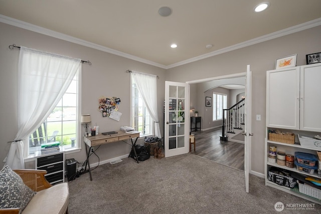 331 Viewmont Dr SE, Moses Lake, WA 98837 - office area featuring arched walkways, carpet floors, ornamental molding, baseboards, and french doors
