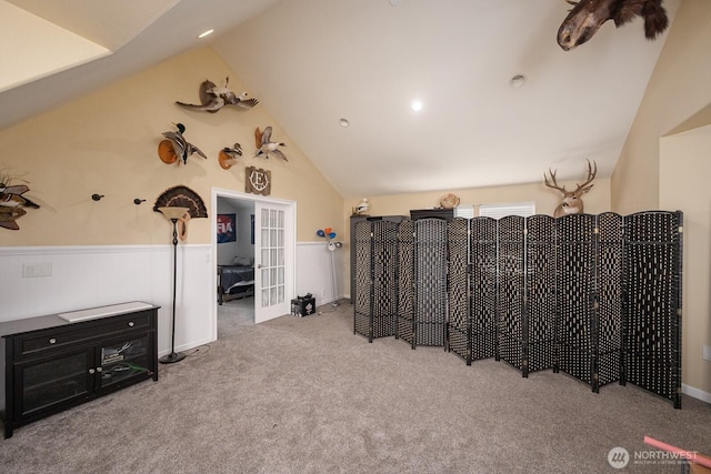 331 Viewmont Dr SE, Moses Lake, WA 98837 - misc room with carpet flooring, vaulted ceiling, french doors, and a wainscoted wall