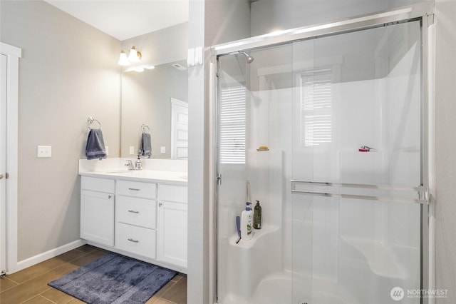4737 W Owl St, Moses Lake, WA 98837 - bathroom featuring vanity, a stall shower, and baseboards