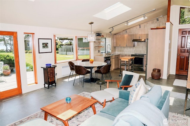 62 Wildwood Ln, Lopez Island, WA 98261 - living area featuring a skylight, vaulted ceiling, and rail lighting