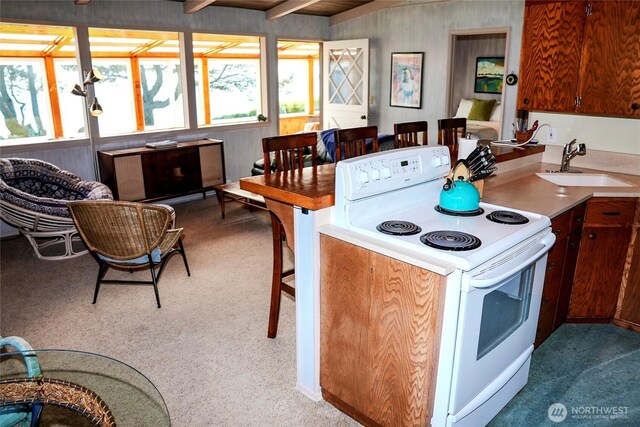 62 Wildwood Ln, Lopez Island, WA 98261 - kitchen with white range with electric stovetop, carpet flooring, light countertops, and beamed ceiling