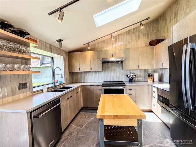 62 Wildwood Ln, Lopez Island, WA 98261 - kitchen with rail lighting, stainless steel appliances, under cabinet range hood, a skylight, and lofted ceiling