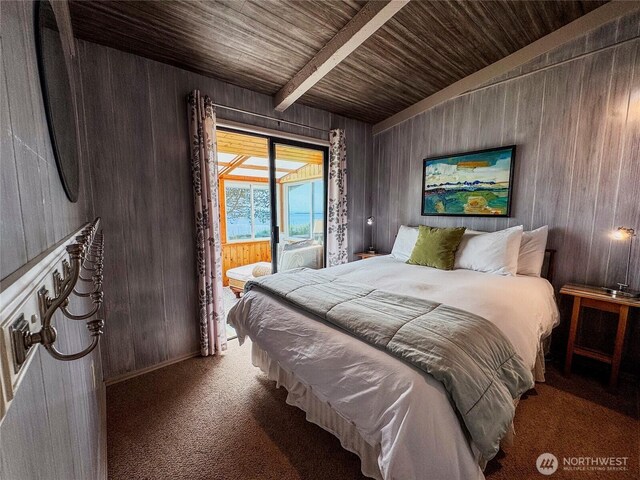 62 Wildwood Ln, Lopez Island, WA 98261 - bedroom featuring wooden walls, access to outside, carpet flooring, and wooden ceiling