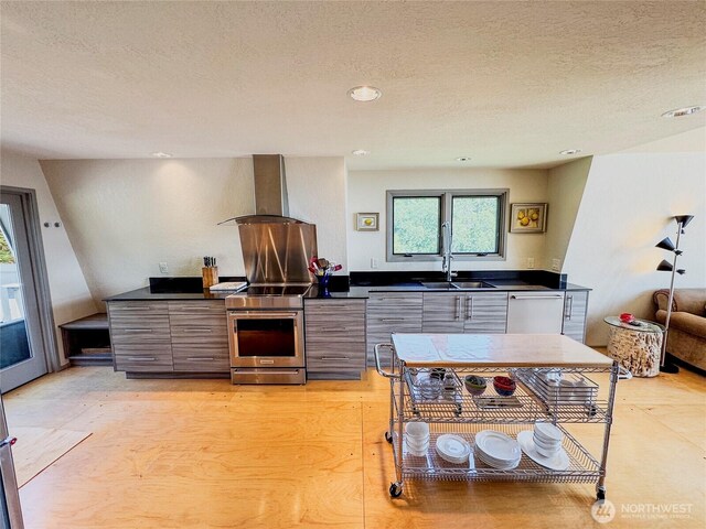 62 Wildwood Ln, Lopez Island, WA 98261 - kitchen featuring range hood, appliances with stainless steel finishes, dark countertops, modern cabinets, and a textured ceiling