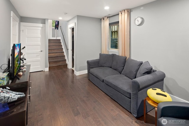 16422 76th Ave NE, Kenmore, WA 98028 - living room featuring stairs, dark wood-type flooring, recessed lighting, and baseboards
