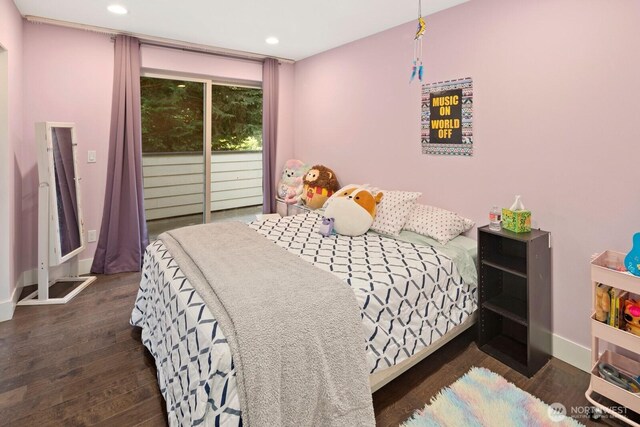 16422 76th Ave NE, Kenmore, WA 98028 - bedroom with access to exterior, baseboards, wood finished floors, and recessed lighting
