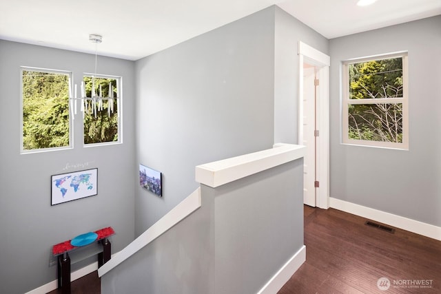 16422 76th Ave NE, Kenmore, WA 98028 - hallway featuring an upstairs landing, baseboards, dark wood finished floors, and healthy amount of natural light