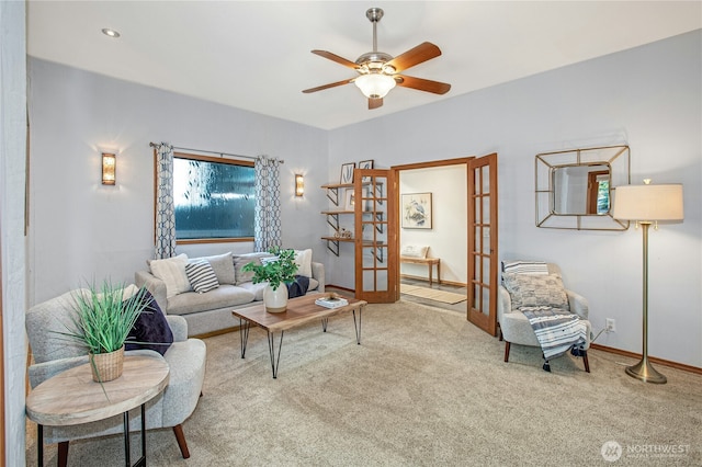 2942 222nd Pl SE, Sammamish, WA 98075 - carpeted living area featuring french doors, ceiling fan, and baseboards