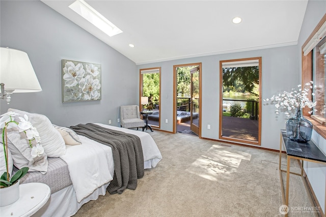 2942 222nd Pl SE, Sammamish, WA 98075 - bedroom featuring vaulted ceiling, a skylight, access to outside, carpet flooring, and recessed lighting