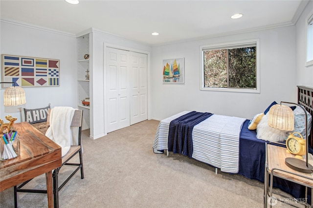 2942 222nd Pl SE, Sammamish, WA 98075 - bedroom with carpet floors, multiple windows, ornamental molding, recessed lighting, and a closet
