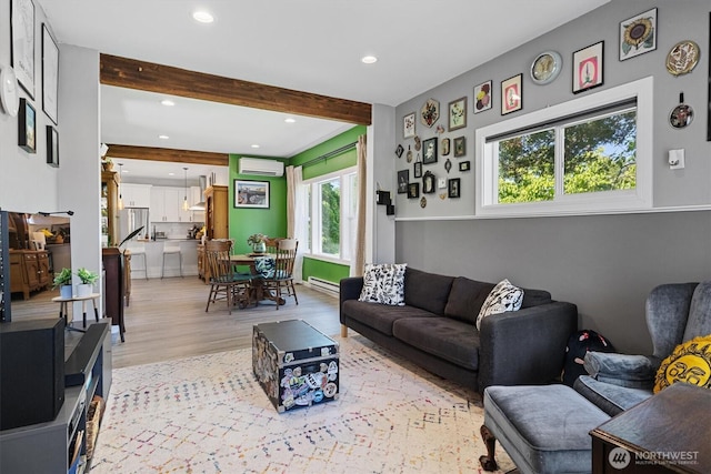 2702 16th St, Everett, WA 98201 - living room featuring a wall mounted AC, light wood-style flooring, beamed ceiling, recessed lighting, and baseboard heating