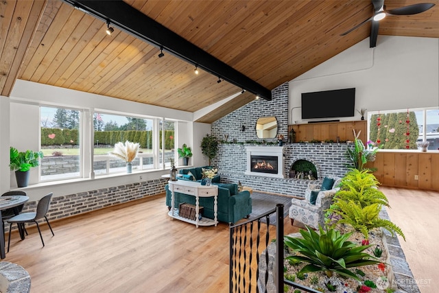 18501 52nd Ave W Unit 83, Lynnwood, WA 98037 - living area featuring track lighting, light wood-style floors, wooden ceiling, ceiling fan, and a fireplace