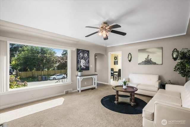 6712 A St, Tacoma, WA 98408 - living room with carpet flooring, a ceiling fan, and baseboards