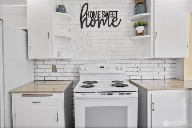 6712 A St, Tacoma, WA 98408 - kitchen featuring open shelves, white range with electric stovetop, decorative backsplash, and white cabinetry
