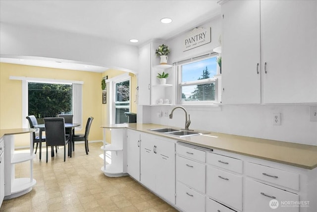 6712 A St, Tacoma, WA 98408 - kitchen with a sink, white cabinetry, light countertops, open shelves, and recessed lighting