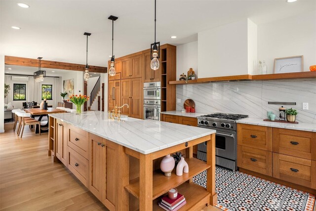 332 6th Ave, Kirkland, WA 98033 - kitchen featuring open shelves, stainless steel appliances, backsplash, a sink, and recessed lighting