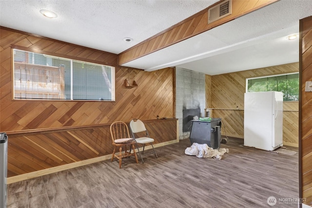 3125 Mcleod Rd, Bellingham, WA 98225 - living area with wood finished floors, wooden walls, a textured ceiling, and baseboards