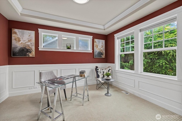 7320 111th Pl SE, Newcastle, WA 98056 - office area featuring healthy amount of natural light, wainscoting, carpet floors, a decorative wall, and crown molding