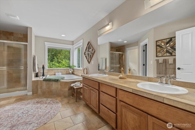 7320 111th Pl SE, Newcastle, WA 98056 - bathroom with a stall shower, double vanity, and a garden tub