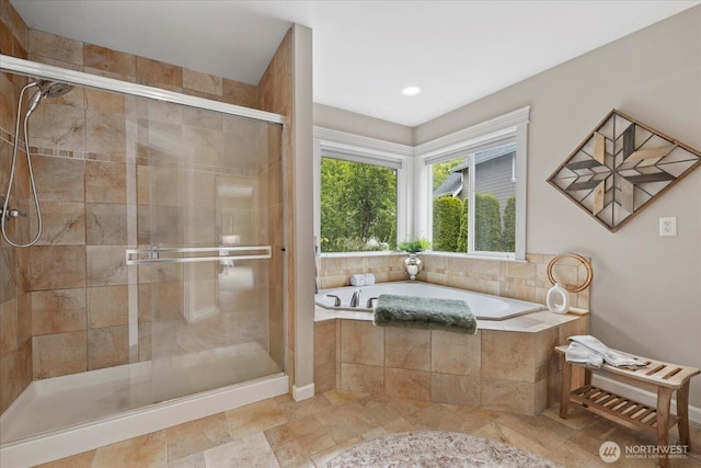 7320 111th Pl SE, Newcastle, WA 98056 - bathroom featuring a garden tub, a shower stall, and recessed lighting