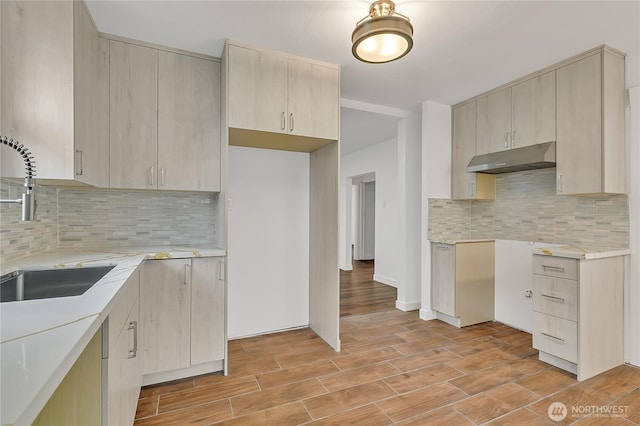 4117 S M St, Tacoma, WA 98418 - kitchen featuring under cabinet range hood, a sink, light wood-style flooring, and backsplash
