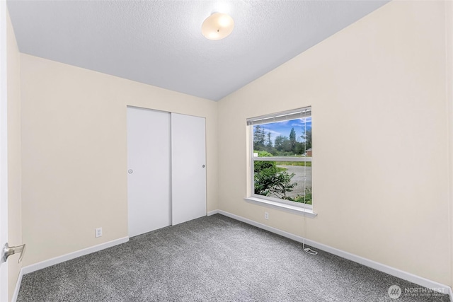 2957 Unick Rd, Ferndale, WA 98248 - unfurnished bedroom with carpet floors, a textured ceiling, baseboards, a closet, and lofted ceiling