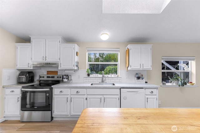 2957 Unick Rd, Ferndale, WA 98248 - kitchen featuring a sink, stainless steel electric stove, white dishwasher, under cabinet range hood, and tasteful backsplash