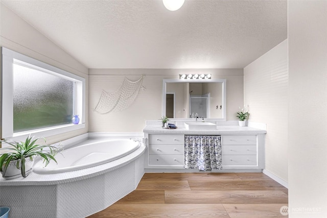 2957 Unick Rd, Ferndale, WA 98248 - full bathroom with vanity, a garden tub, wood finished floors, and a textured ceiling