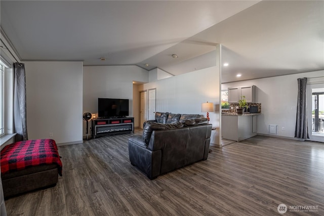 2438 Highland View Dr, East Wenatchee, WA 98802 - living room with dark wood-style flooring, lofted ceiling, and recessed lighting