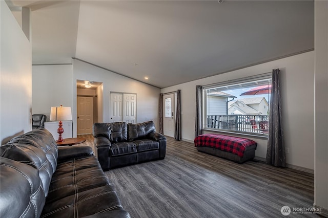 2438 Highland View Dr, East Wenatchee, WA 98802 - living room featuring wood finished floors, vaulted ceiling, and recessed lighting