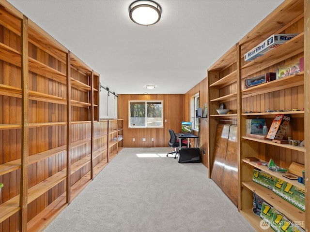 12020W Engebretsen Rd, Granite Falls, WA 98252 - living area with a desk, carpet floors, wooden walls, and a barn door