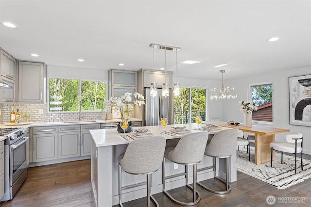 3435 103rd Pl NE, Bellevue, WA 98004 - kitchen featuring gray cabinetry, appliances with stainless steel finishes, decorative backsplash, a sink, and dark wood-type flooring