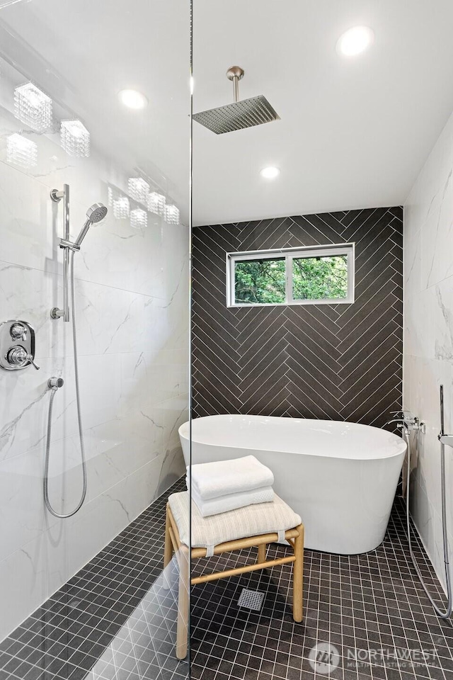 3435 103rd Pl NE, Bellevue, WA 98004 - full bathroom featuring tile walls, a marble finish shower, a soaking tub, and recessed lighting