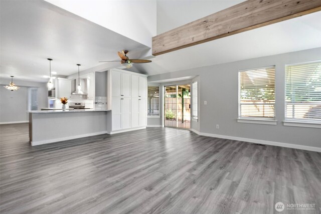 4426 82nd Avenue Ct W, University Place, WA 98466 - unfurnished living room featuring ceiling fan, dark wood-type flooring, and baseboards