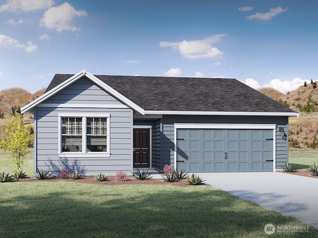 7402 281st Pl NW Unit 75, Stanwood, WA 98292 - single story home with a garage, a shingled roof, driveway, and a front lawn
