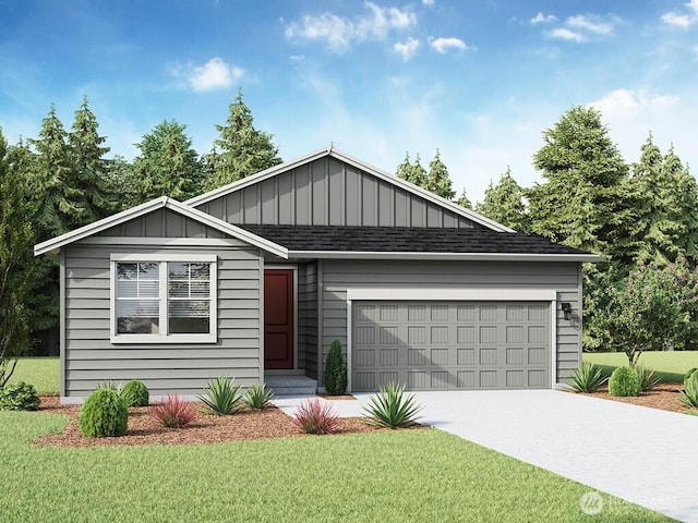 7402 281st Pl NW Unit 75, Stanwood, WA 98292 - view of front of home featuring board and batten siding, a garage, a shingled roof, and a front yard