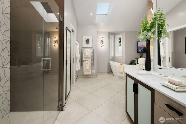 6819 SE 32nd St, Mercer Island, WA 98040 - full bath featuring vanity, a shower stall, tile patterned floors, a skylight, and baseboards