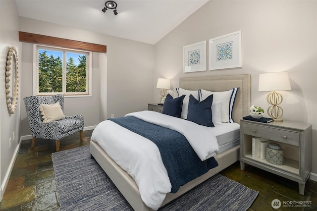 6819 SE 32nd St, Mercer Island, WA 98040 - bedroom with vaulted ceiling, baseboards, and stone tile flooring