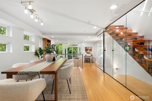 1805 N 36th St, Seattle, WA 98103 - dining room with light wood-style floors, recessed lighting, and stairway