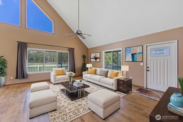 42480 N State Route 25, Davenport, WA 99122 - living area featuring high vaulted ceiling, ceiling fan, and wood finished floors