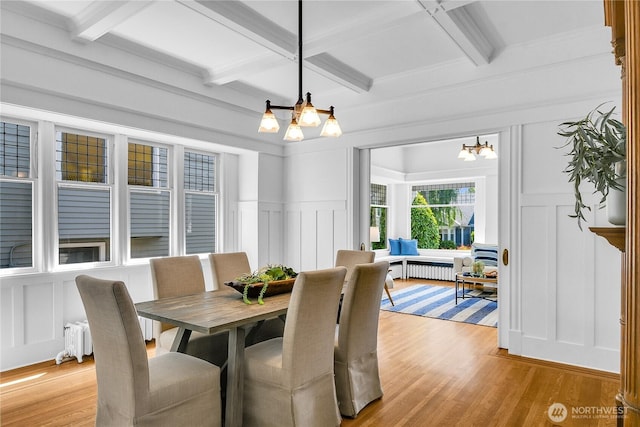 2008 Nob Hill Ave N, Seattle, WA 98119 - dining area featuring a chandelier, a decorative wall, coffered ceiling, beamed ceiling, and light wood-style flooring
