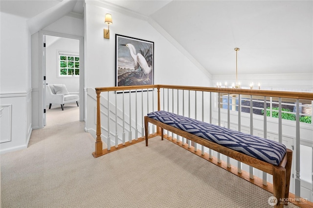 2020 Evergreen Point Rd, Medina, WA 98039 - hallway featuring carpet, a chandelier, and lofted ceiling