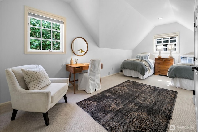 2020 Evergreen Point Rd, Medina, WA 98039 - bedroom featuring carpet floors, vaulted ceiling, and baseboards