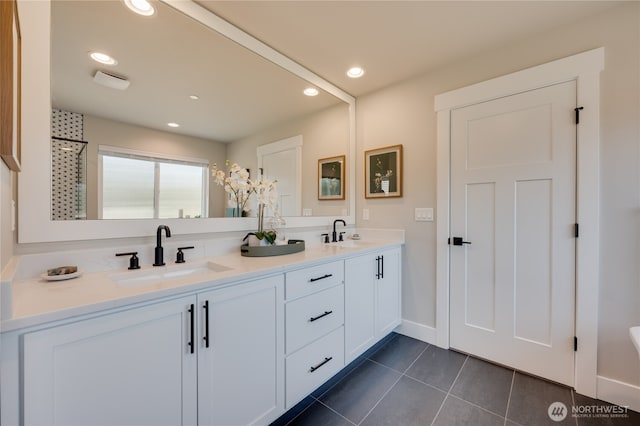 19124 Meridian Dr SE Unit Cw 04, Bothell, WA 98012 - bathroom with tile patterned floors, double vanity, recessed lighting, baseboards, and a shower