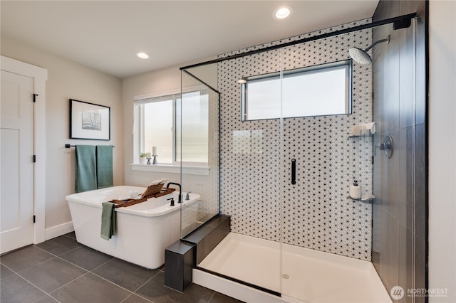 19124 Meridian Dr SE Unit Cw 04, Bothell, WA 98012 - bathroom with plenty of natural light, tile patterned flooring, a shower stall, a soaking tub, and recessed lighting